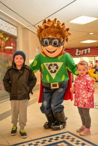 Six-year-old Lincoln Cannon from St Helens and his sister  Lola with Shopper Whopper